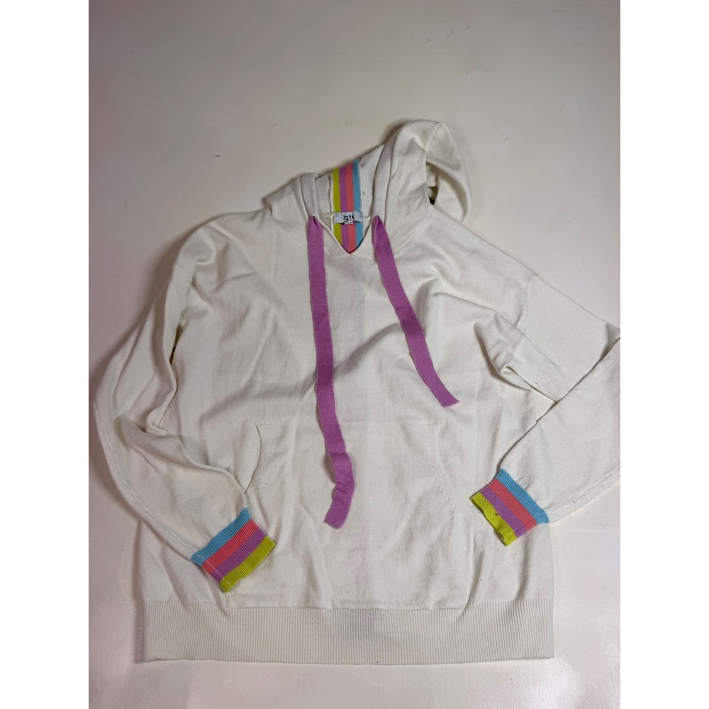 Fate Knit Hoodie Sweater Women Small‎ White Excellent Rainbow Stripe Casual